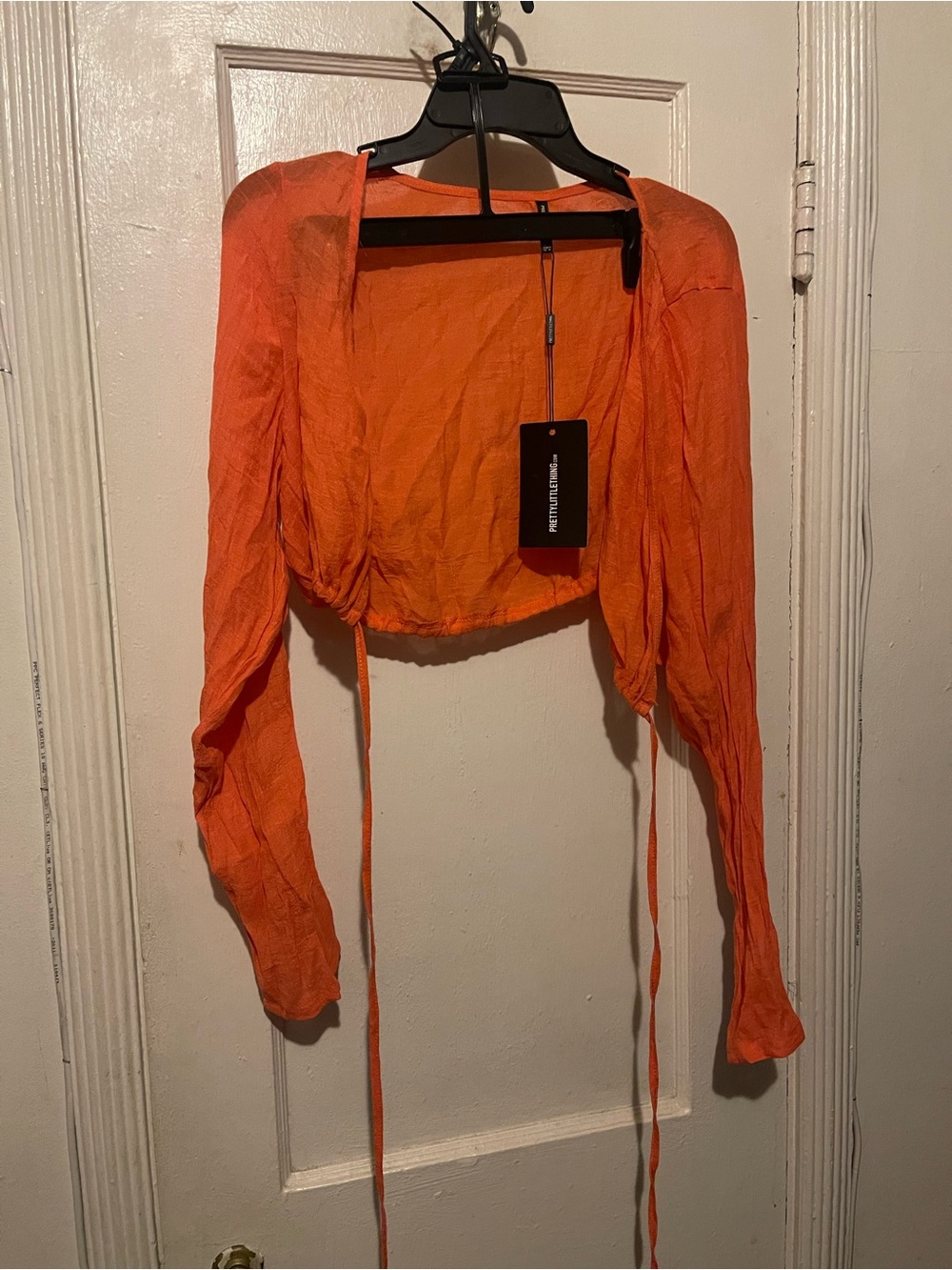 Cropped Long Sleeve linen Tie-Front Top in Bright Orange with long scrunch skirt